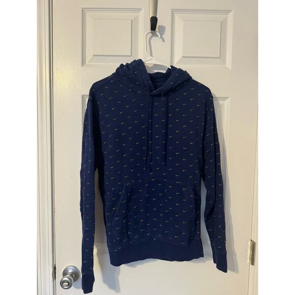 Nike All Over Print AOP Mini Swoosh Logo Hoodie Blue and Gold Sz: Small - Picture 1 of 4
